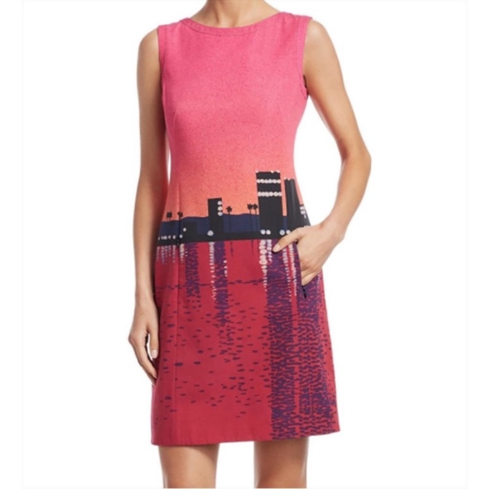 Akris Punto Sunset Skyline City Print Cotton Sleeveless Sheath Dress